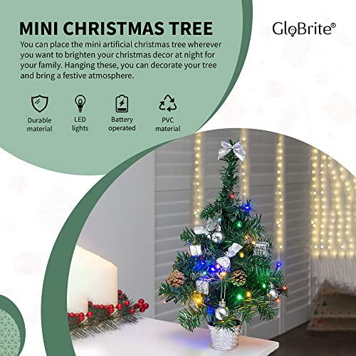 GloBrite 45cm Mini Christmas Tree with 40 Multi-colour LED Lights, Baubles, Artificial Gold Pine Cones | Pre Lit Christmas tree Christmas Decorations | Table Top Christmas Tree