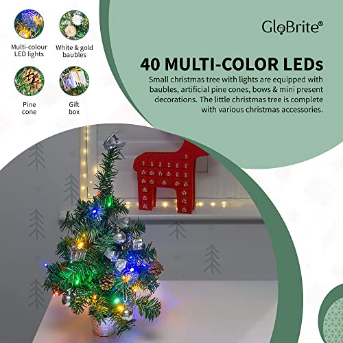 GloBrite 45cm Mini Christmas Tree with 40 Multi-colour LED Lights, Baubles, Artificial Gold Pine Cones | Pre Lit Christmas tree Christmas Decorations | Table Top Christmas Tree
