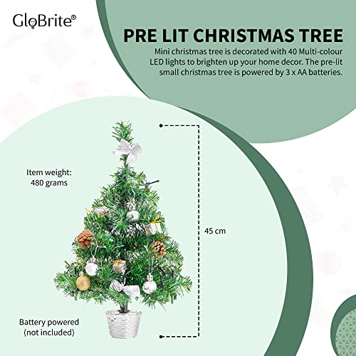 GloBrite 45cm Mini Christmas Tree with 40 Multi-colour LED Lights, Baubles, Artificial Gold Pine Cones | Pre Lit Christmas tree Christmas Decorations | Table Top Christmas Tree