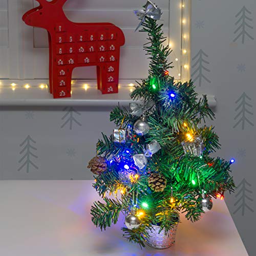 GloBrite 45cm Mini Christmas Tree with 40 Multi-colour LED Lights, Baubles, Artificial Gold Pine Cones | Pre Lit Christmas tree Christmas Decorations | Table Top Christmas Tree
