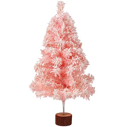 LOKIPA Small Pink Snow Flocked Christmas Tree, 60cm Snow Flocked Tabletop Artificial Christmas Tree for Christmas Home Decorations