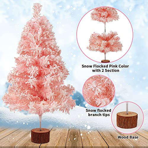 LOKIPA Small Pink Snow Flocked Christmas Tree, 60cm Snow Flocked Tabletop Artificial Christmas Tree for Christmas Home Decorations
