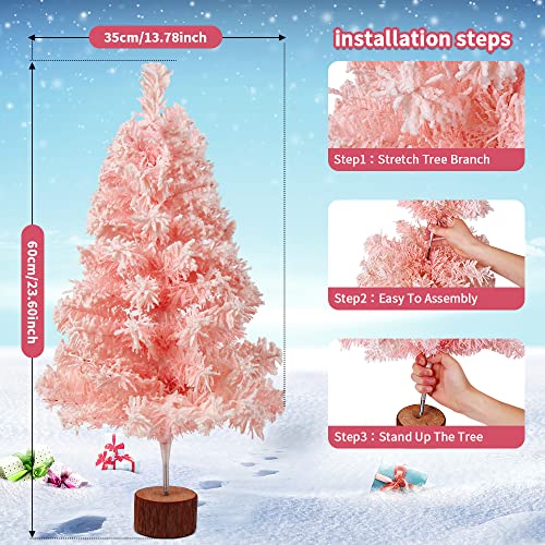 LOKIPA Small Pink Snow Flocked Christmas Tree, 60cm Snow Flocked Tabletop Artificial Christmas Tree for Christmas Home Decorations