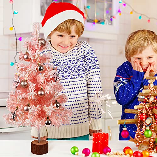 LOKIPA Small Pink Snow Flocked Christmas Tree, 60cm Snow Flocked Tabletop Artificial Christmas Tree for Christmas Home Decorations