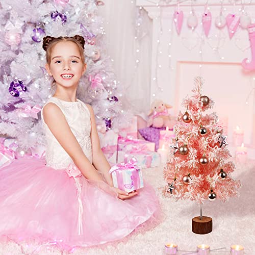 LOKIPA Small Pink Snow Flocked Christmas Tree, 60cm Snow Flocked Tabletop Artificial Christmas Tree for Christmas Home Decorations