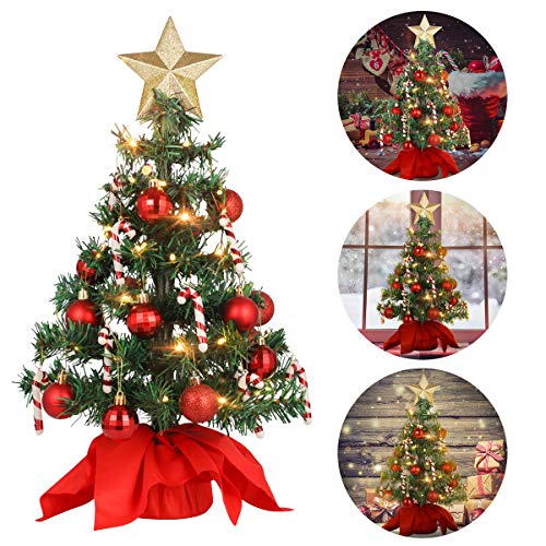 Amosfun Tabletop Christmas Tree Artificial Mini Xmas Pine Tree with LED String Lights, Star Tree Topper and Ornaments for Indoor and Outdoor Holiday Decoration