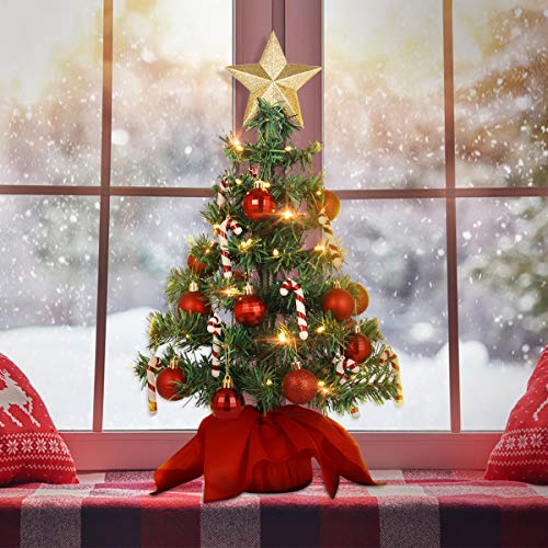 Amosfun Tabletop Christmas Tree Artificial Mini Xmas Pine Tree with LED String Lights, Star Tree Topper and Ornaments for Indoor and Outdoor Holiday Decoration