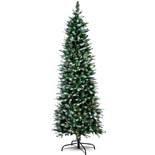 FB FunkyBuys 6ft Frosted Green Pine Pencil Slim Artificial Christmas Tree with 555 Branch Tips & Metal Stand (Frosted, 6ft (180cm))