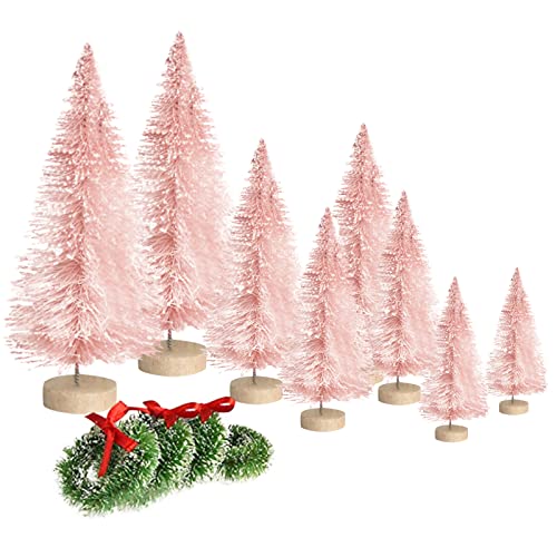 8PCS Artificial Mini Christmas Trees, Bottle Brush Trees with Wood Base, Artificial Frosted Sisal Xmas Tree, DIY Crafts Mini Pine Tree for Christmas Party Home Table Top Decor Winter Ornaments
