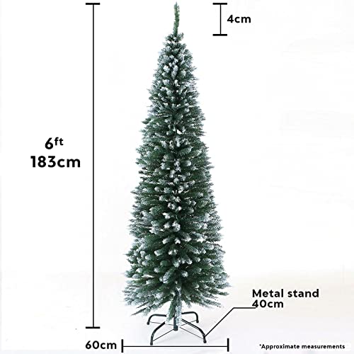 FB FunkyBuys 6ft Frosted Green Pine Pencil Slim Artificial Christmas Tree with 555 Branch Tips & Metal Stand (Frosted, 6ft (180cm))