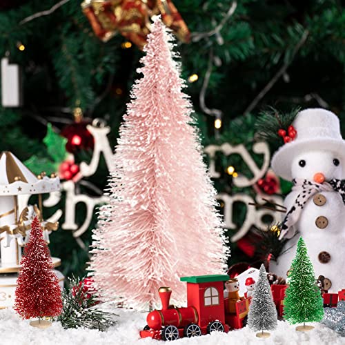 8PCS Artificial Mini Christmas Trees, Bottle Brush Trees with Wood Base, Artificial Frosted Sisal Xmas Tree, DIY Crafts Mini Pine Tree for Christmas Party Home Table Top Decor Winter Ornaments