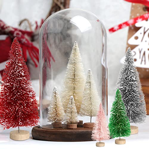 8PCS Artificial Mini Christmas Trees, Bottle Brush Trees with Wood Base, Artificial Frosted Sisal Xmas Tree, DIY Crafts Mini Pine Tree for Christmas Party Home Table Top Decor Winter Ornaments