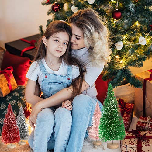 8PCS Artificial Mini Christmas Trees, Bottle Brush Trees with Wood Base, Artificial Frosted Sisal Xmas Tree, DIY Crafts Mini Pine Tree for Christmas Party Home Table Top Decor Winter Ornaments