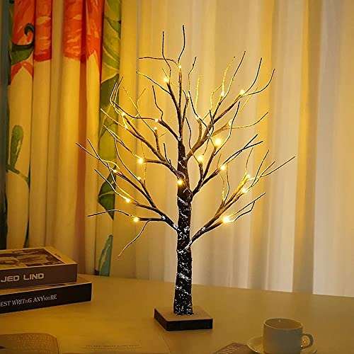 TRIXES Brown Light Up Artificial Tree - Christmas Easter Halloween Decorations – Indoor Table Lamp Decoration – Battery Powered Ornament – Wooden Birch & White Snow Effect - LED Lights on Twigs