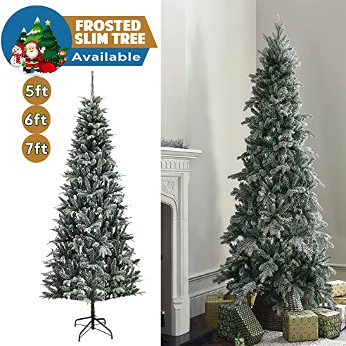 FB FunkyBuys 6ft Frosted Green Pine Pencil Slim Artificial Christmas Tree with 555 Branch Tips & Metal Stand (Frosted, 6ft (180cm))