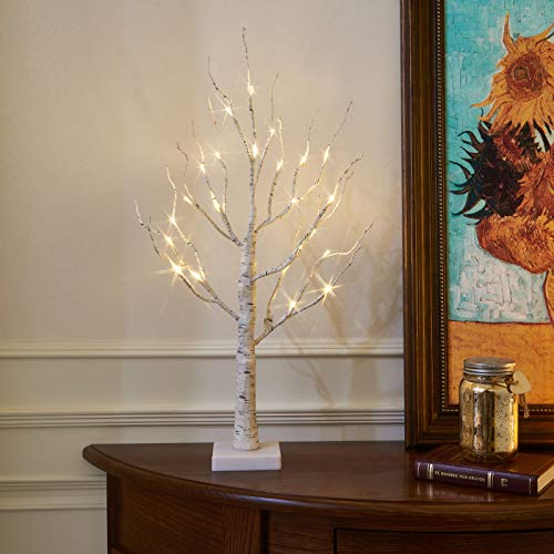 EAMBRITE White Christmas Tree with Lights Mini Birch Twig Tree Ornament with 24 Warm White LEDs Battery Operated Tabletop Decoration for Christmas Home Party Wedding (60cm/2ft)