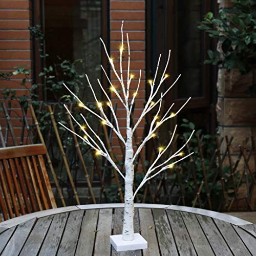 EAMBRITE White Christmas Tree with Lights Mini Birch Twig Tree Ornament with 24 Warm White LEDs Battery Operated Tabletop Decoration for Christmas Home Party Wedding (60cm/2ft)