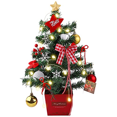 Mini Christmas Tree Tabletop Christmas Tree with LED Lights 50cm Artificial Christmas Tree Small Christmas Pine Tree with Wood Base and Ornaments for Christmas Home Party Table Desk Decoration