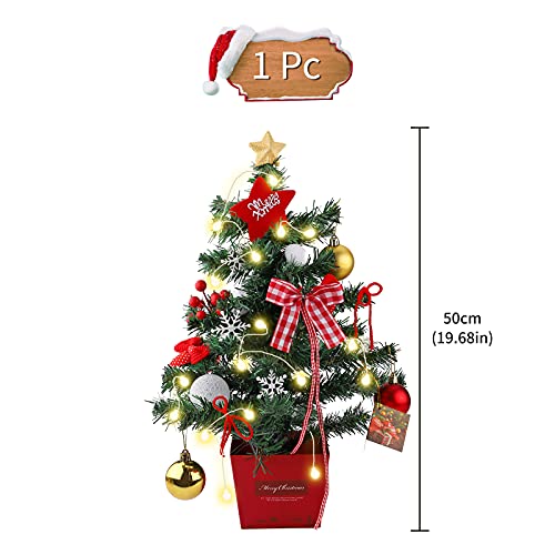 Mini Christmas Tree Tabletop Christmas Tree with LED Lights 50cm Artificial Christmas Tree Small Christmas Pine Tree with Wood Base and Ornaments for Christmas Home Party Table Desk Decoration