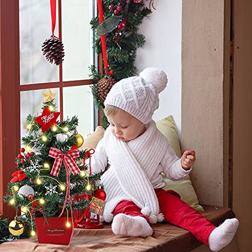 Mini Christmas Tree Tabletop Christmas Tree with LED Lights 50cm Artificial Christmas Tree Small Christmas Pine Tree with Wood Base and Ornaments for Christmas Home Party Table Desk Decoration