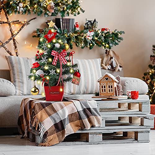 Mini Christmas Tree Tabletop Christmas Tree with LED Lights 50cm Artificial Christmas Tree Small Christmas Pine Tree with Wood Base and Ornaments for Christmas Home Party Table Desk Decoration