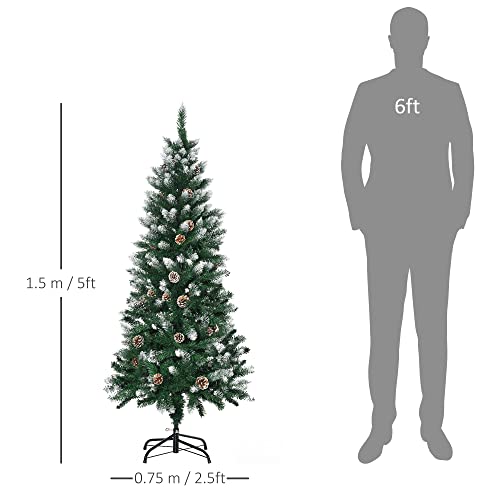 HOMCOM 5 Ft Snow Artificial Christmas Tree with Realistic Branches, Pine Cone, for Indoor Decoration, Green White