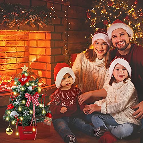 Mini Christmas Tree Tabletop Christmas Tree with LED Lights 50cm Artificial Christmas Tree Small Christmas Pine Tree with Wood Base and Ornaments for Christmas Home Party Table Desk Decoration