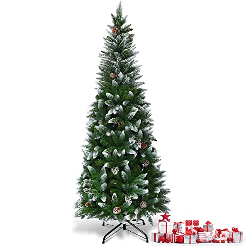 Snow Flocked Pencil Christmas Tree with Pine Cones - 8ft