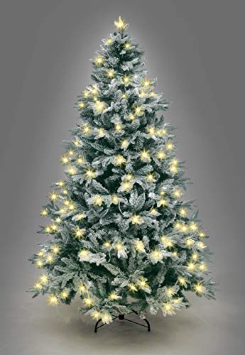 7Ft/2.1M Pre-Lit Lapland Fir Artificial Green Christmas Tree Snow Flocked PE PVC Mixed Tips Hinged Branches Bushy Xmas Home Snowy Decorations, with 320 Warm White LEDs and Metal Stand