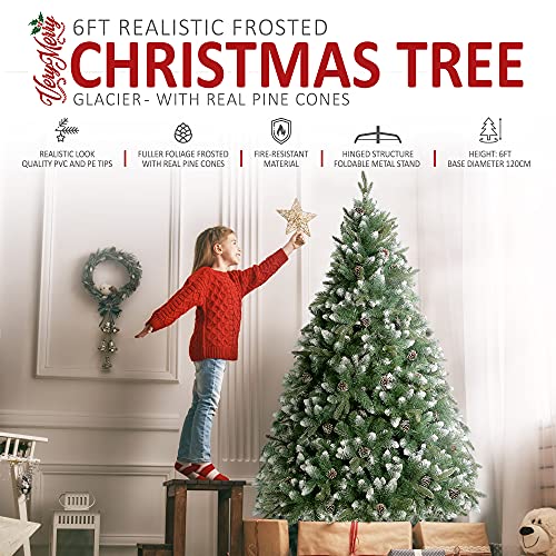 VeryMerry 6FT 'Glacier' Snowy Christmas Tree with Real Frosted Pinecones, Foldable Metal Stand, Snow Flocked Artificial Tree PVC and PE tips