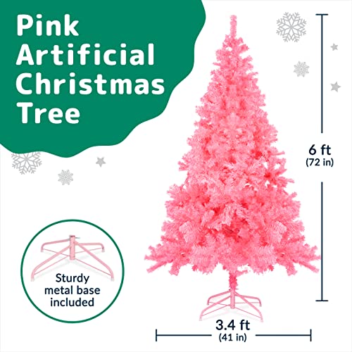 Prextex 6ft Christmas Tree - Artificial Canadian Fir Full Bodied Christmas Trees - Lightweight and Easy to Assemble Christmas Tree 6ft with Metal Stand, 1200 Tips, Pink Artificial Christmas Tree