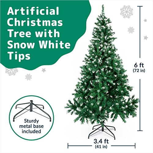 6FT Prextex Artificial Christmas Tree - Easy Assembly, Snowy White, Metal Stand