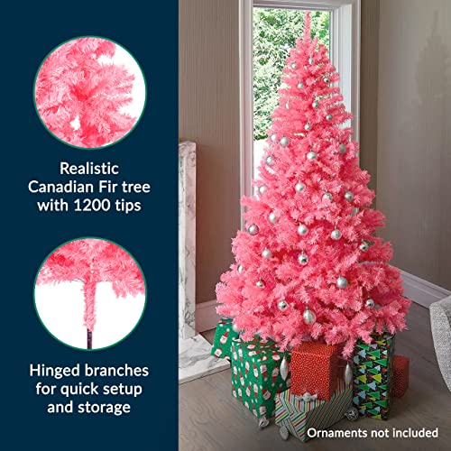 Prextex 6ft Christmas Tree - Artificial Canadian Fir Full Bodied Christmas Trees - Lightweight and Easy to Assemble Christmas Tree 6ft with Metal Stand, 1200 Tips, Pink Artificial Christmas Tree