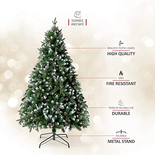 VeryMerry 6FT 'Glacier' Snowy Christmas Tree with Real Frosted Pinecones, Foldable Metal Stand, Snow Flocked Artificial Tree PVC and PE tips