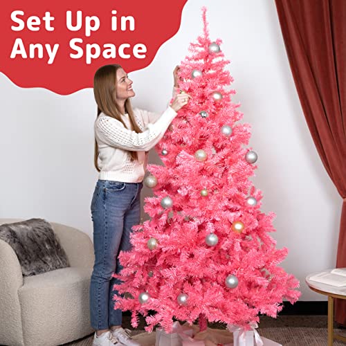 Prextex 6ft Christmas Tree - Artificial Canadian Fir Full Bodied Christmas Trees - Lightweight and Easy to Assemble Christmas Tree 6ft with Metal Stand, 1200 Tips, Pink Artificial Christmas Tree