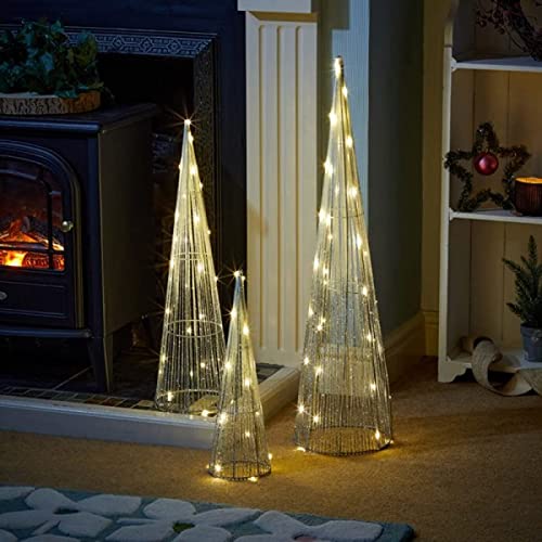 Marco Paul Interiors Traditional Sliver Light Up Christmas Tree Set Decorations with 90 LEDs - Battery Operated In-lit Standing Christmas Ornaments Festive Trees for Indoor Xmas Home Decor (Set of 3)