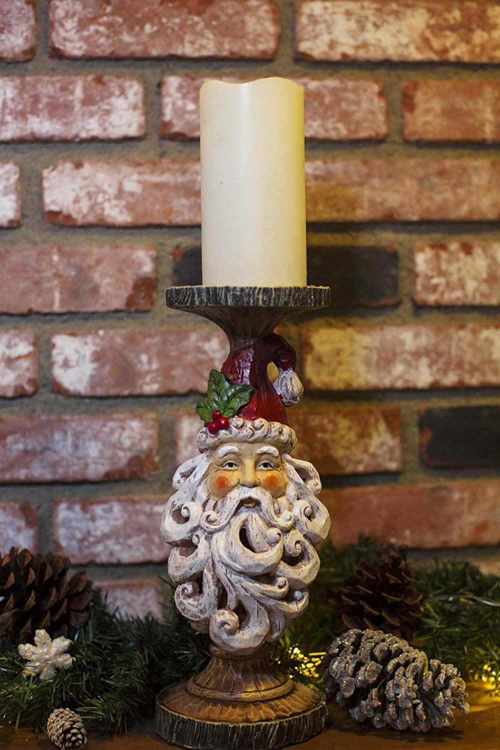 Santa Head Carved Wood-Look Candle Holder