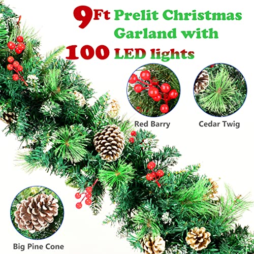 9ft LED Pre-lit Christmas Garland with Pine Cones & Berries