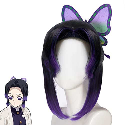GARELF Butterfly-Decorated Short Wig for Kochou Shinobu CosPlay Costume in Anime 'Demon Slayer', Themed Party Wig, Halloween Wig Character Wig Dressing up Wig Fits Adults and Kids(Black & Purple)