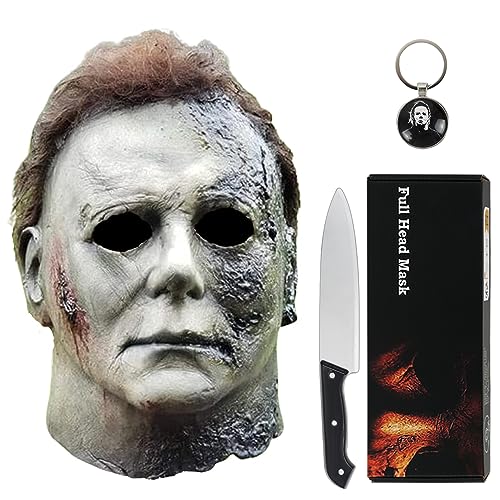 Michael Myers Mask for Adults, Halloween Mask Micheal Myers Face - Halloween Kills 2021, Full Head Mask Halloween Horror Face Headgear Latex Rubber with Hair, Includes Knife and Keychain (BK-2021)