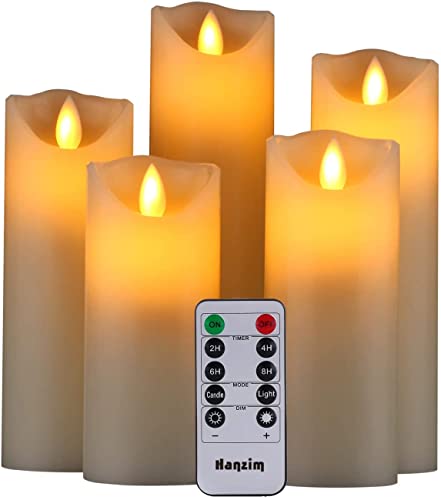 HANZIM LED Candles,Flameless Candles 5" 6" 7" 8" 9" Set of 5 Real Wax Battery Candle Pillars, Realistic Dancing Mood Candles and 10 Key Remote Control with 24 Hour Timer Function (Ivory)