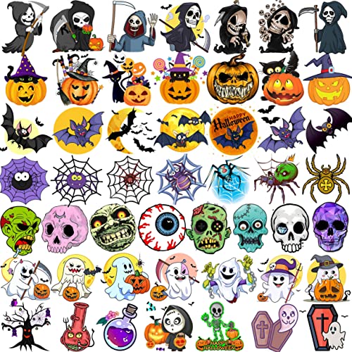 Geweir 50 PCS Cartoon Halloween Temporary Tattoos For Kids Boys Girls Face Hand, Cute Skull Ghost Bat Spider Web Skeleton Fake Tattoo Sticker Decals, 3D Zombie Makeup Kit Set Pumpkin Tattoos Children