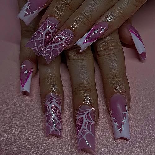 24pcs Halloween False Nails Long Coffin, White Tip French Stick on Nails Pink Heart Spider Web Press on Nails Removable Fake Nails, Halloween Make Up Costume Accessories for Women Adults