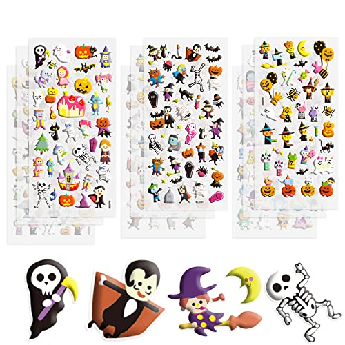 OWill OVER 350PCS Halloween Stickers, 9 Sheets of Puffy Halloween Party Bag Fillers, Vampire Grim Reaper Bat Spider Scarecrow Ghost Stickers for Children
