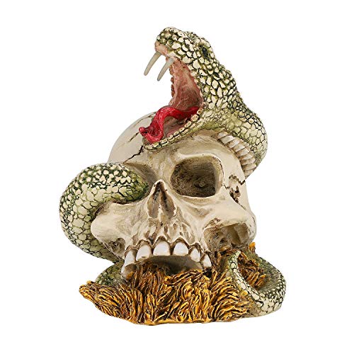 LONTG Halloween Skull Head Ornament Gothic Skull Ornament with Snake Over Head Skull Figurine Sculpture Halloween Party Decoration Resin Skull Head Bone Skeleton Table Desk Ornament
