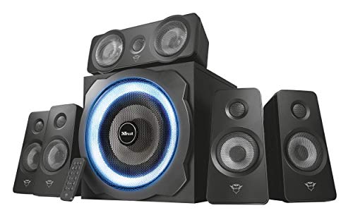 Trust Gaming GXT 658 Tytan 5.1 Surround Sound Speaker System, PC Speakers with Subwoofer, UK Plug, LED Illuminated, 180 W - Black/Blue