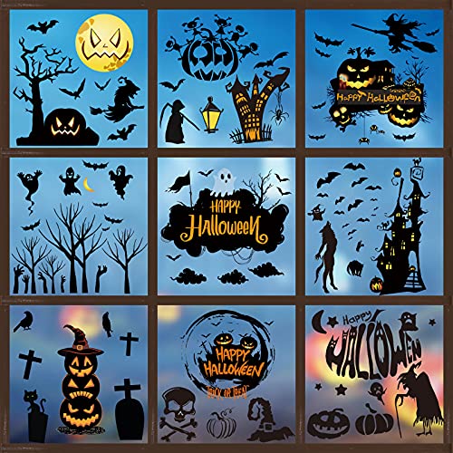 9 Sheet Halloween Window Stickers, Reusable Halloween Window Cling Decals Decoration Including Bat, Castle, Pumpkin, Double-Sided Static ​Sticker for Halloween Decor ​Party (Castle and Pumpkin 1)