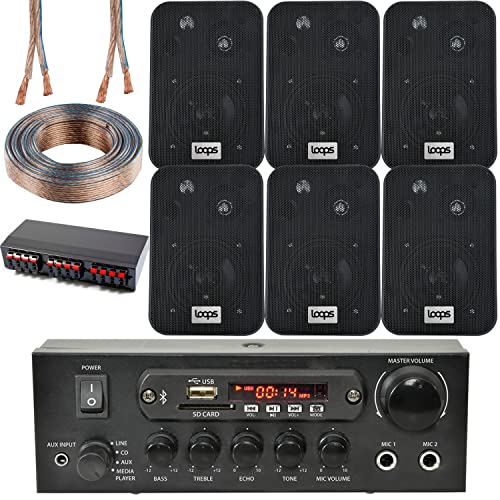 Loops Bluetooth Wall Speaker Kit 3 Zone Stereo Amp & 6x 4 Black Wall Background Music