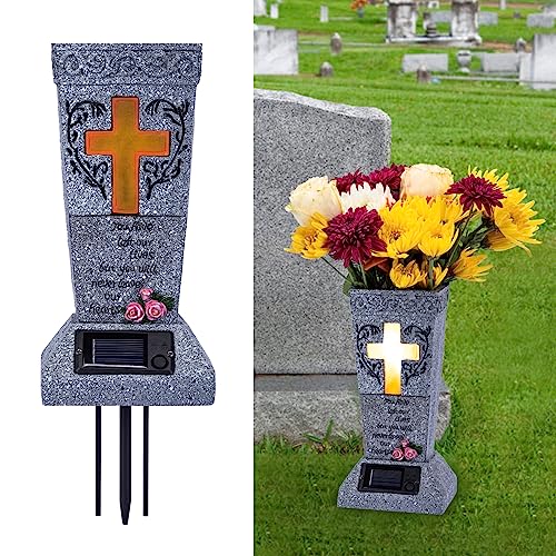 Solar Cemetery Grave Vase with LED for Fresh/Artificial Flowers Headstones Vases with Spikes Gravestone Decor Memorial Gifts for Loss of Loved One