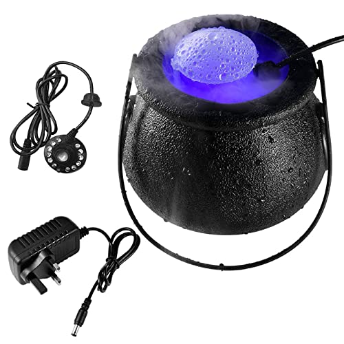 Halloween Cauldron With Mist Maker, Halloween Witch Cauldron Fog Maker with 12 LED Light Color Change Witch Jar Mist Lamp Halloween Smoking Cauldron On Stand for Party Decoration Props (Black)